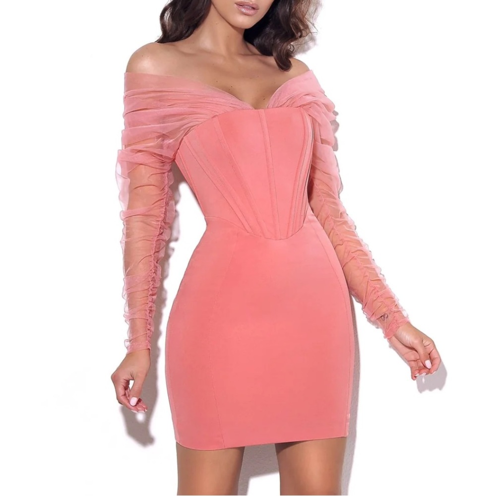 Zofia Salmon Pink Off Shoulder Mesh Sleeve Corset Dress
